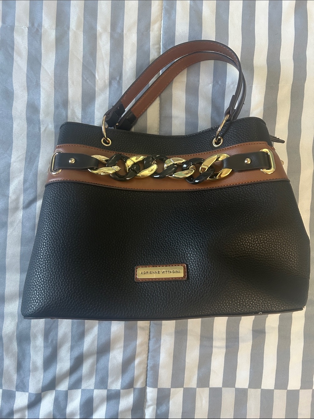 Adrienne Vittadini Black & Brown Chain-Trim Tote